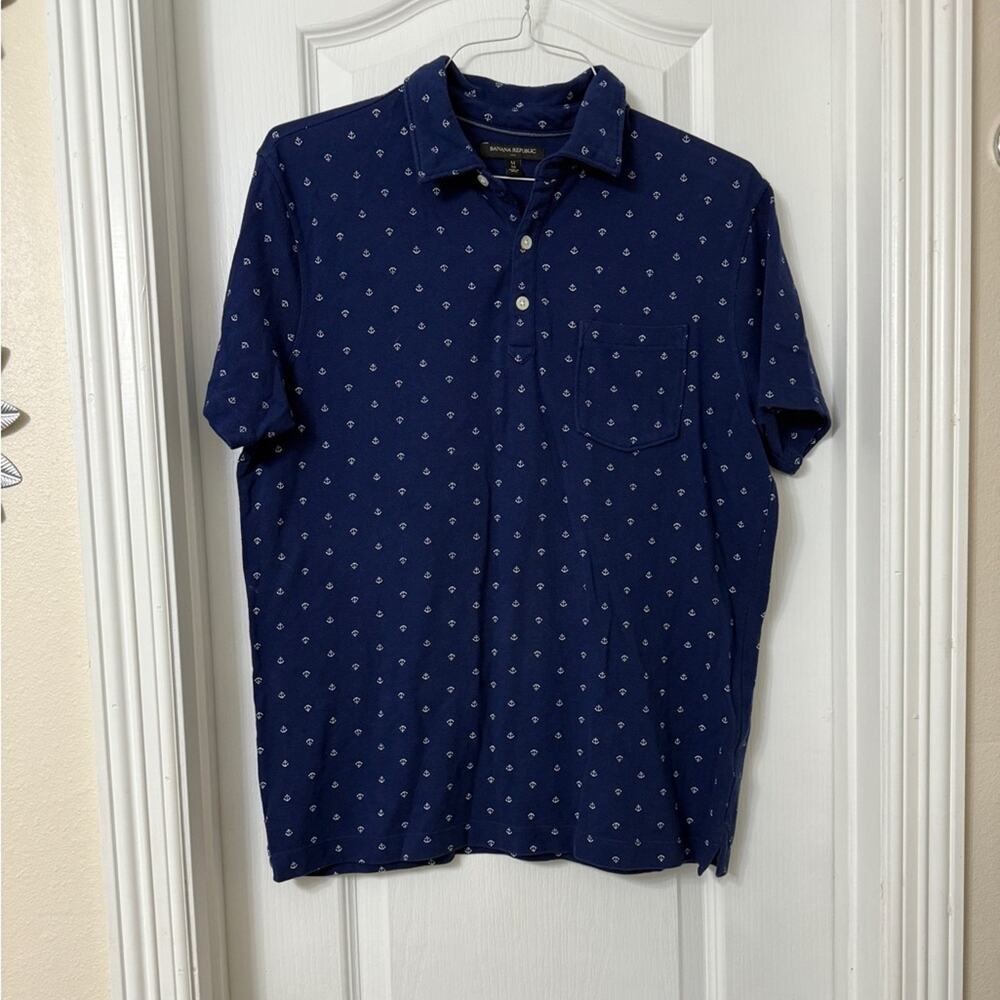 Banana Republic Polo Short Sleeve Men's Blue Nautical Anchors Casual Size M